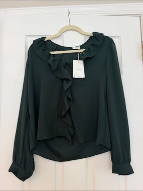 Aritzia Wilfred Forest Green Ruffle-Trim Button Front Blouse